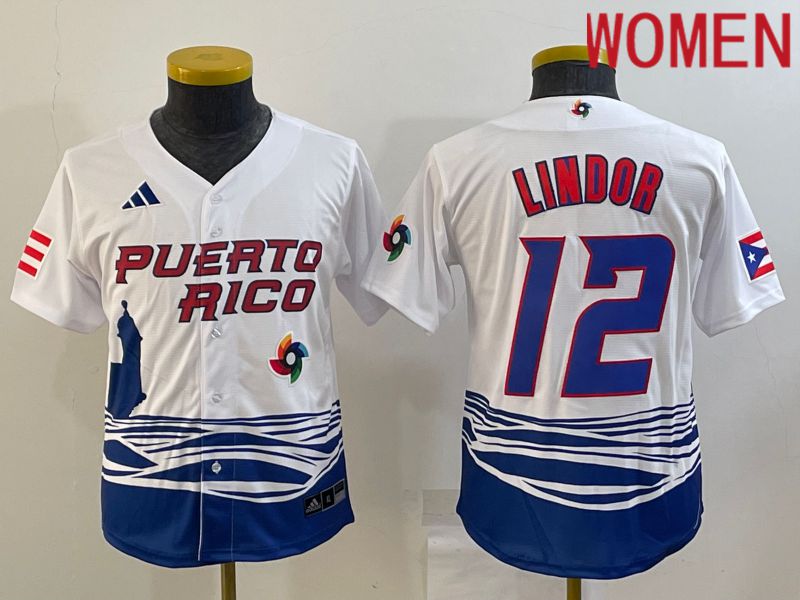 Women 2023 World Cub #12 Lindor White MLB Jersey9->women mlb jersey->Women Jersey